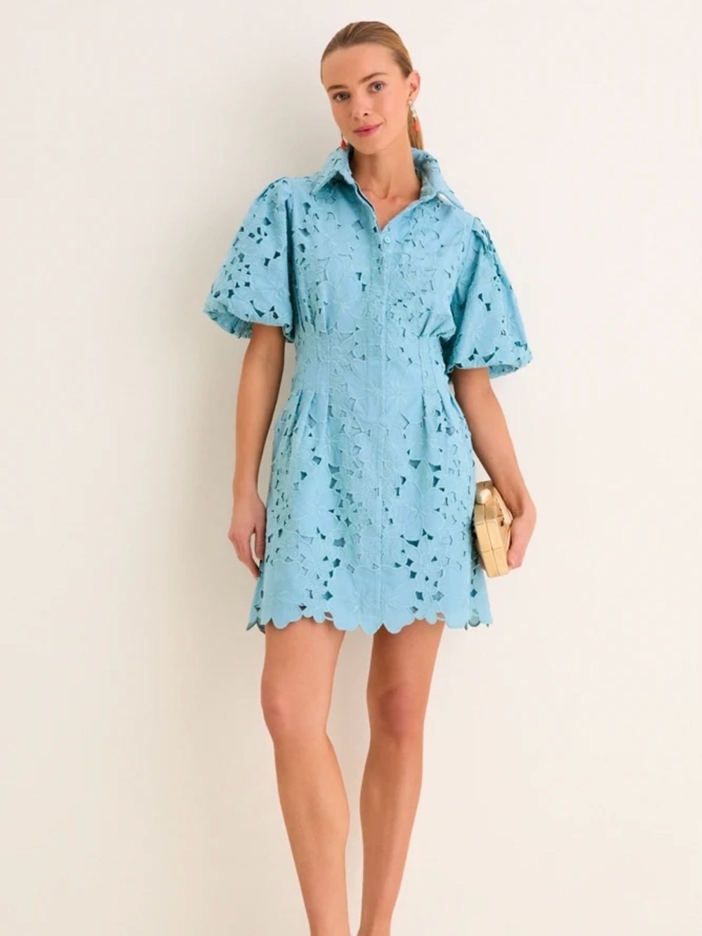 Light Blue Eyelet Lace Shirt Dress - Unbranded